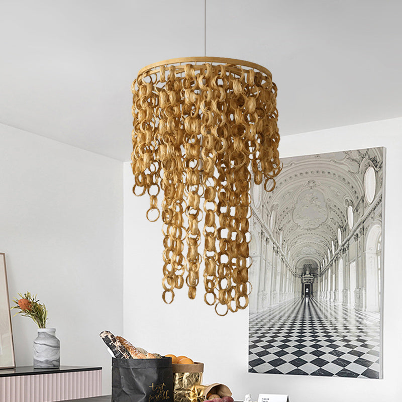 Square/Round Hanging Light with Waterfall Design Asia Bamboo Rattan 2-Bulb Beige Chandelier Pendant Lamp Clearhalo 'Ceiling Lights' 'Chandeliers' Lighting' options 960026