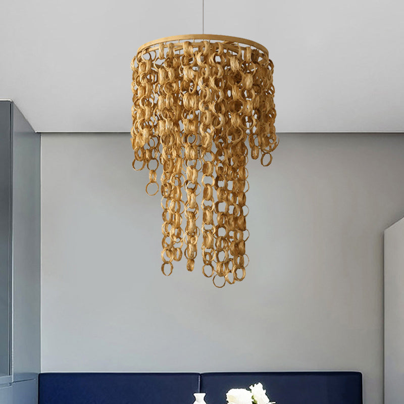 Square/Round Hanging Light with Waterfall Design Asia Bamboo Rattan 2-Bulb Beige Chandelier Pendant Lamp Clearhalo 'Ceiling Lights' 'Chandeliers' Lighting' options 960027