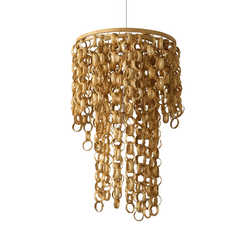 Square/Round Hanging Light with Waterfall Design Asia Bamboo Rattan 2-Bulb Beige Chandelier Pendant Lamp Clearhalo 'Ceiling Lights' 'Chandeliers' Lighting' options 960028