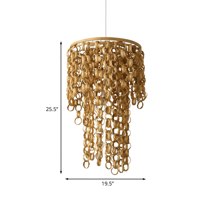 Square/Round Hanging Light with Waterfall Design Asia Bamboo Rattan 2-Bulb Beige Chandelier Pendant Lamp Clearhalo 'Ceiling Lights' 'Chandeliers' Lighting' options 960029