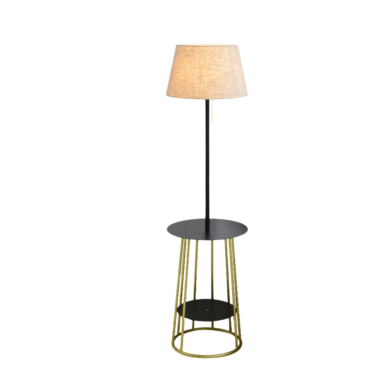 Fabric Barrel Shade Standing Table Lamp Modernist Single Black and Gold Finish Floor Light with Pull Chain Clearhalo 'Floor Lamps' 'Lamps' Lighting' 960064