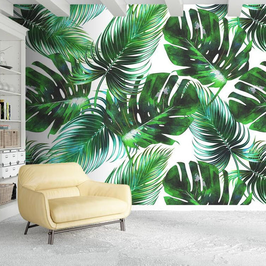 Banana Leaf Mural Wallpaper for Thai Restaurant, Tropical Wall Decor in Dark Green Clearhalo 'Wall Decor' 'Wall Mural' 961412