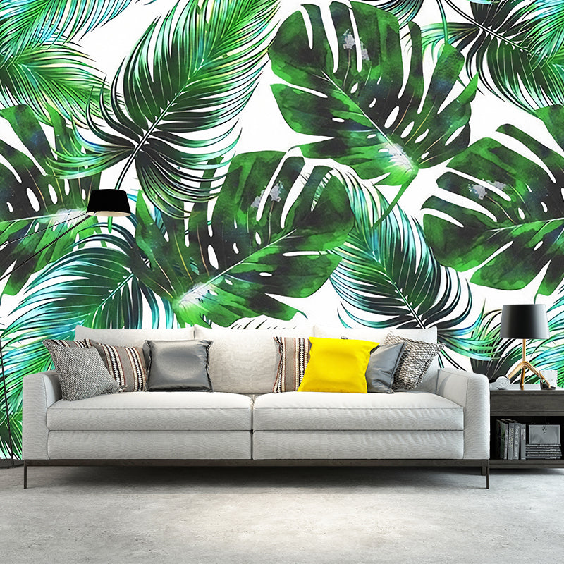 Banana Leaf Mural Wallpaper for Thai Restaurant, Tropical Wall Decor in Dark Green Clearhalo 'Wall Decor' 'Wall Mural' 961413