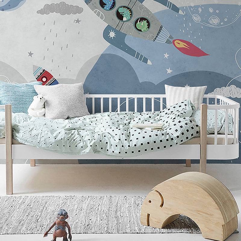 Blue and Grey Rocket Mural Waterproof Wall Covering for Children's Bedroom Gray-Blue Clearhalo 'Wall Decor' 'Wall Mural' 961458