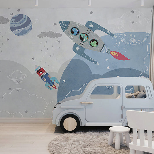 Blue and Grey Rocket Mural Waterproof Wall Covering for Children's Bedroom Clearhalo 'Wall Decor' 'Wall Mural' 961460