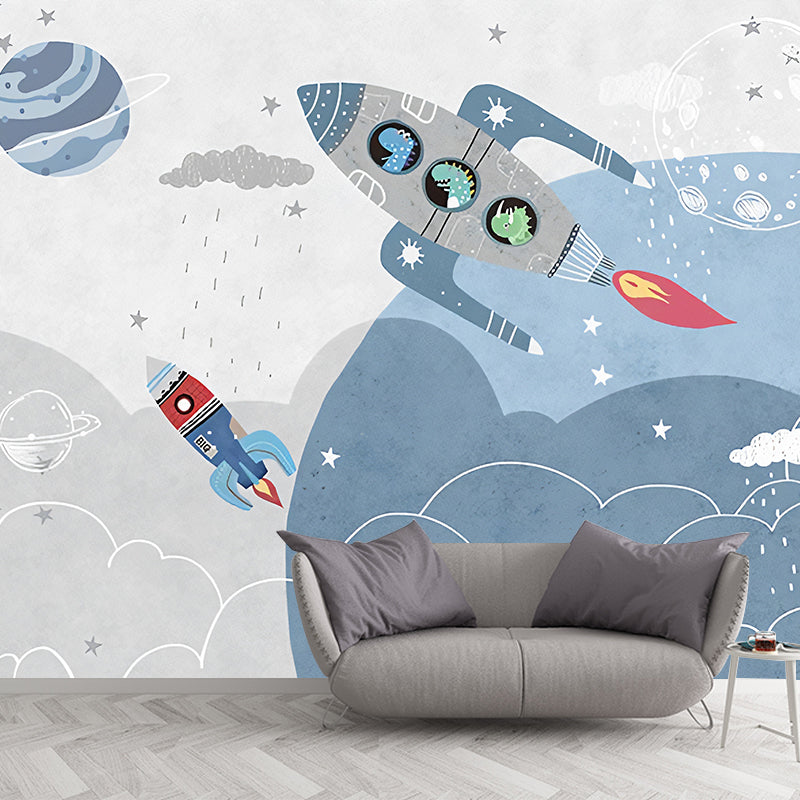 Blue and Grey Rocket Mural Waterproof Wall Covering for Children's Bedroom Clearhalo 'Wall Decor' 'Wall Mural' 961461