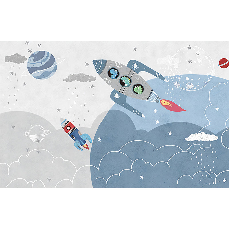 Blue and Grey Rocket Mural Waterproof Wall Covering for Children's Bedroom Clearhalo 'Wall Decor' 'Wall Mural' 961462