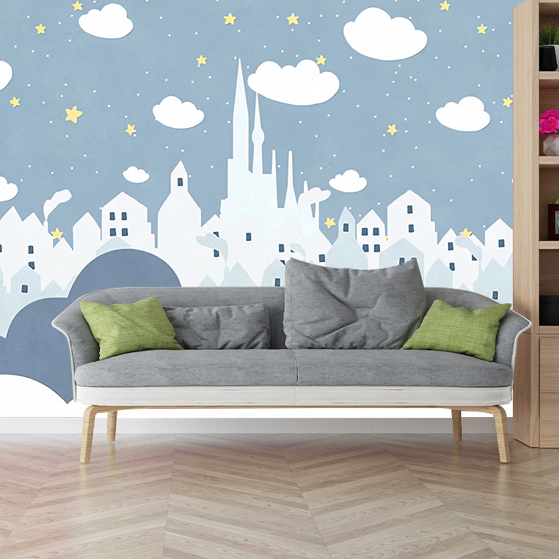 Star and Cloud Mural Wallpaper in Pastel Blue, Scandinavian Wall Decor for Boy or Girl Clearhalo 'Wall Decor' 'Wall Mural' 961479