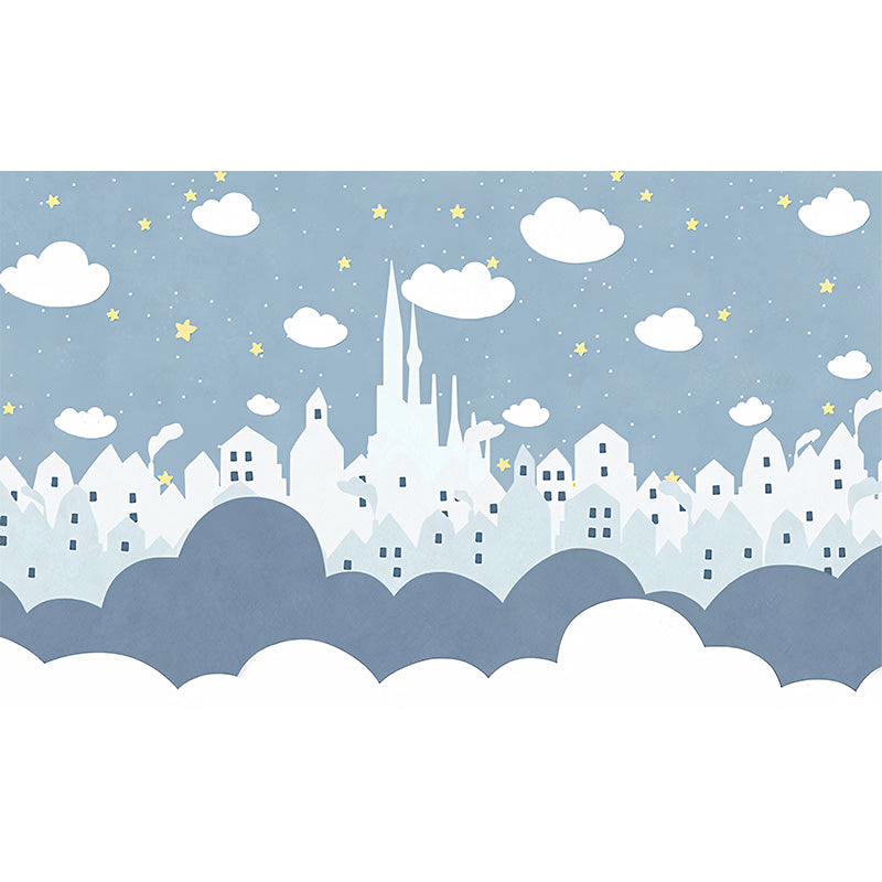 Star and Cloud Mural Wallpaper in Pastel Blue, Scandinavian Wall Decor for Boy or Girl Clearhalo 'Wall Decor' 'Wall Mural' 961480