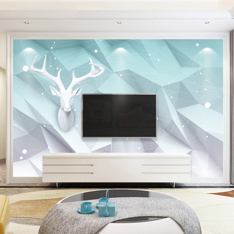 Abstract Geometries and Deer Mural Personalized Size Minimalist Wall Decor for Accent Wall Blue Clearhalo 'Wall Decor' 'Wall Mural' 961500