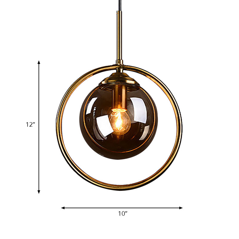 Amber/Smoke/Clear Glass Ball Pendant Lighting Post-Modernist 1 Light Ceiling Hung Fixture with Ring Frame Clearhalo 'Ceiling Lights' 'Glass shade' 'Glass' 'Modern Pendants' 'Modern' 'Pendant Lights' 'Pendants' Lighting' 961881