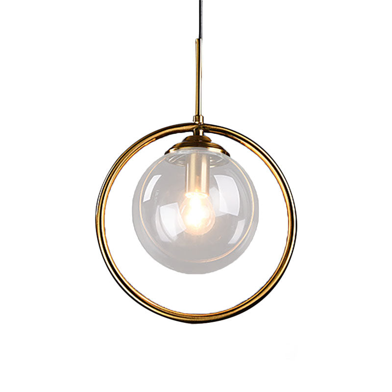 Amber/Smoke/Clear Glass Ball Pendant Lighting Post-Modernist 1 Light Ceiling Hung Fixture with Ring Frame Clearhalo 'Ceiling Lights' 'Glass shade' 'Glass' 'Modern Pendants' 'Modern' 'Pendant Lights' 'Pendants' Lighting' 961884