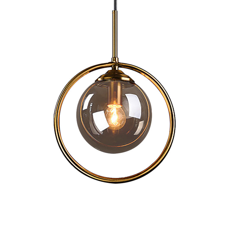 Amber/Smoke/Clear Glass Ball Pendant Lighting Post-Modernist 1 Light Ceiling Hung Fixture with Ring Frame Clearhalo 'Ceiling Lights' 'Glass shade' 'Glass' 'Modern Pendants' 'Modern' 'Pendant Lights' 'Pendants' Lighting' 961886