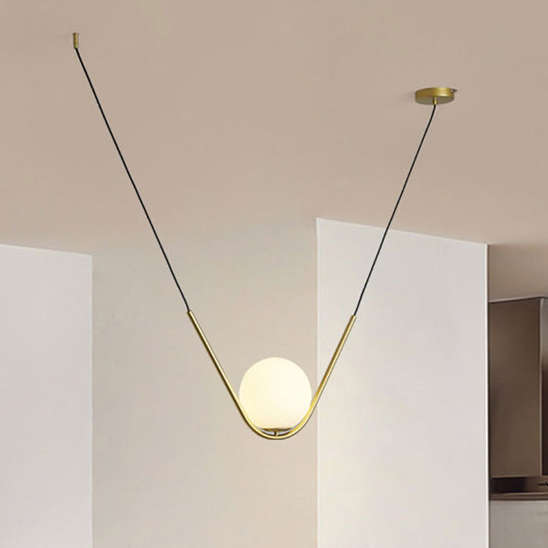 Gold Ball Pendant Light Post Modern Led White Glass Hanging Lamp with V Shape Rod for Dining Room Gold Clearhalo 'Ceiling Lights' 'Glass shade' 'Glass' 'Modern Pendants' 'Modern' 'Pendant Lights' 'Pendants' Lighting' 961888