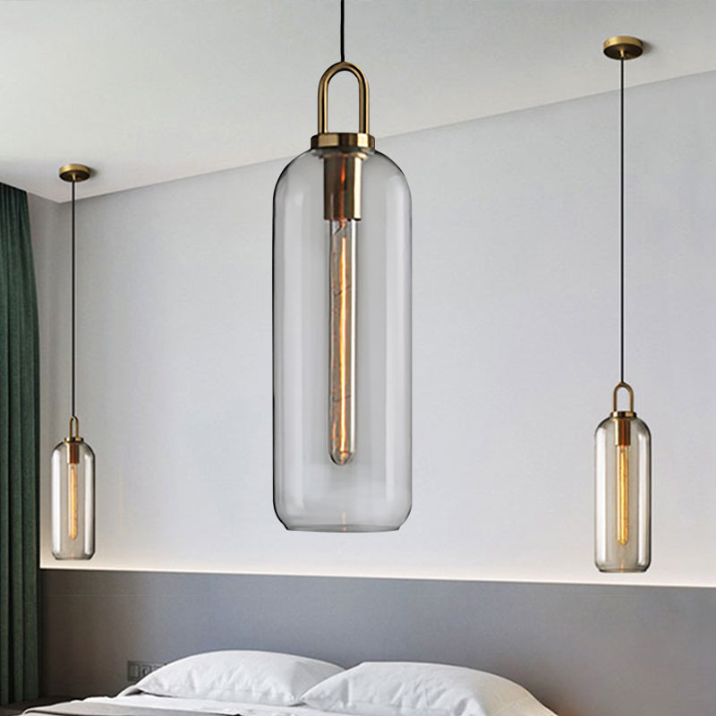 1 Light Dining Room Pendant Light with Cylindrical Clear/Smoky Glass Shade Post-Modern Hanging Lamp Kit, 5"/6" Wide Clear Clearhalo 'Ceiling Lights' 'Glass shade' 'Glass' 'Modern Pendants' 'Modern' 'Pendant Lights' 'Pendants' Lighting' 961892