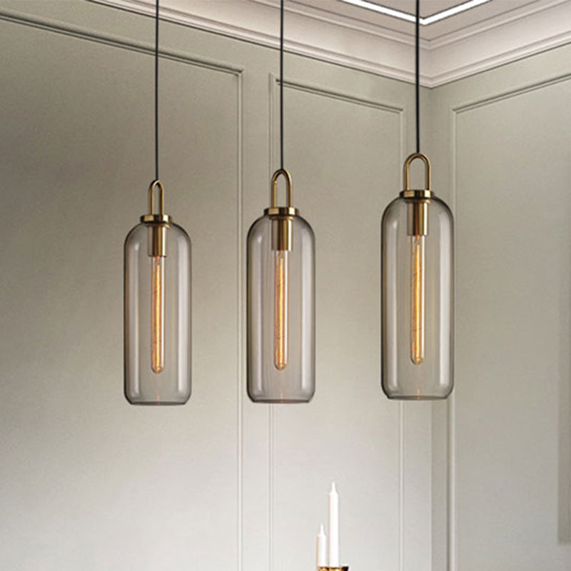 1 Light Dining Room Pendant Light with Cylindrical Clear/Smoky Glass Shade Post-Modern Hanging Lamp Kit, 5"/6" Wide Clearhalo 'Ceiling Lights' 'Glass shade' 'Glass' 'Modern Pendants' 'Modern' 'Pendant Lights' 'Pendants' Lighting' 961893