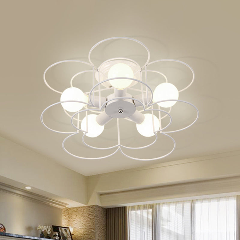 Black/White Iron Frame Semi Flush Mount Lighting Modern Metal 5 Lights Bedroom Ceiling Mount Chandelier Clearhalo 'Ceiling Lights' 'Close To Ceiling Lights' 'Close to ceiling' 'Semi-flushmount' Lighting' 961976