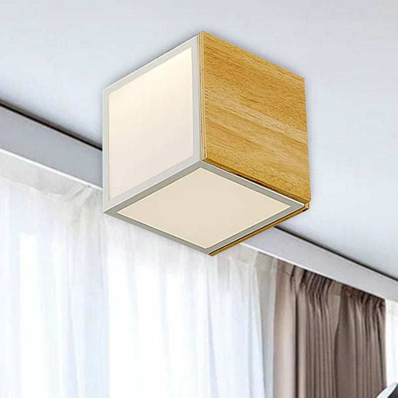 Wooden Box LED Flush Mount Light Modern Chinese 1-Light Natural Wood Ceiling Lamp in Warm/White Light Clearhalo 'Ceiling Lights' 'Close To Ceiling Lights' 'Close to ceiling' 'Flush mount' Lighting' 961997