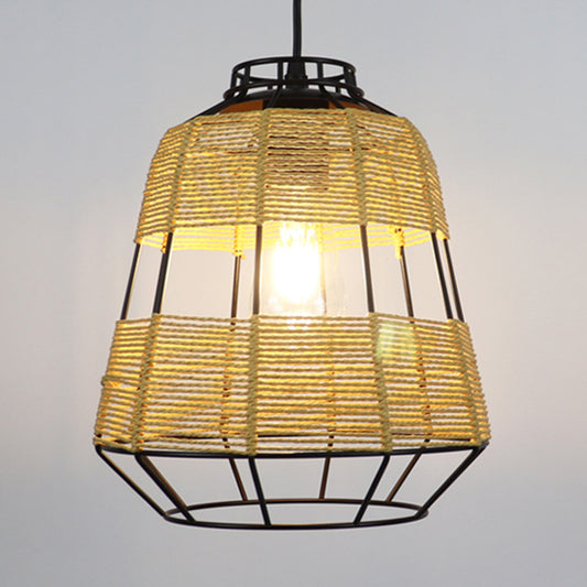 Barrel Metal Cage Hanging Lamp Chinese Straw Rope 1-Light Beige Drop Ceiling Light for Living Room Restaurant Clearhalo 'Ceiling Lights' 'Pendant Lights' 'Pendants' Lighting' 962022