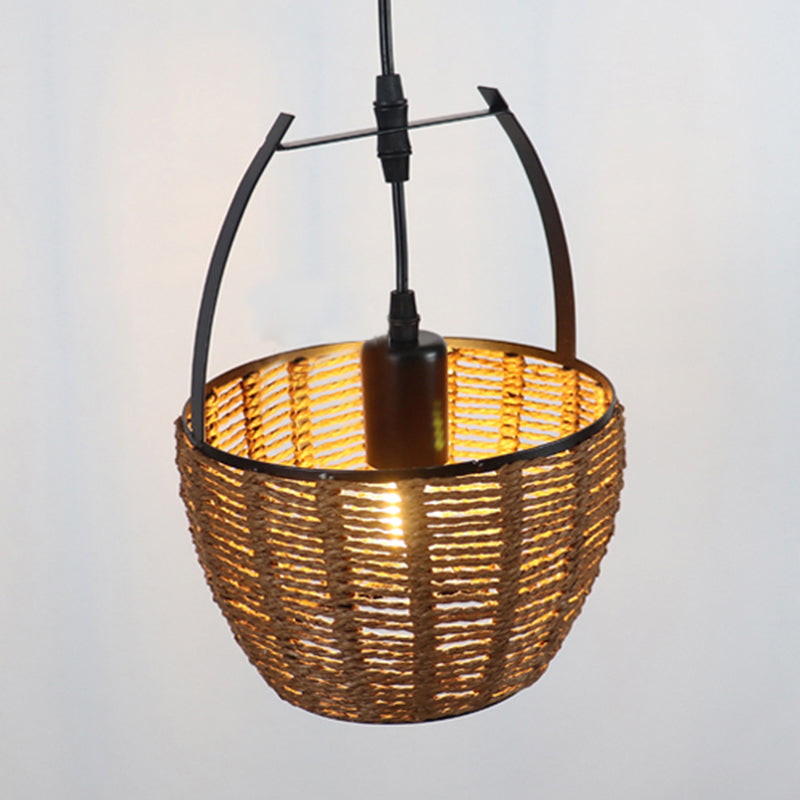 Hand-Woven Rattan Bucket Pendant Light Rustic One Bulb Hanging Lamp in Brown for Living Room Clearhalo 'Ceiling Lights' 'Pendant Lights' 'Pendants' Lighting' 962023