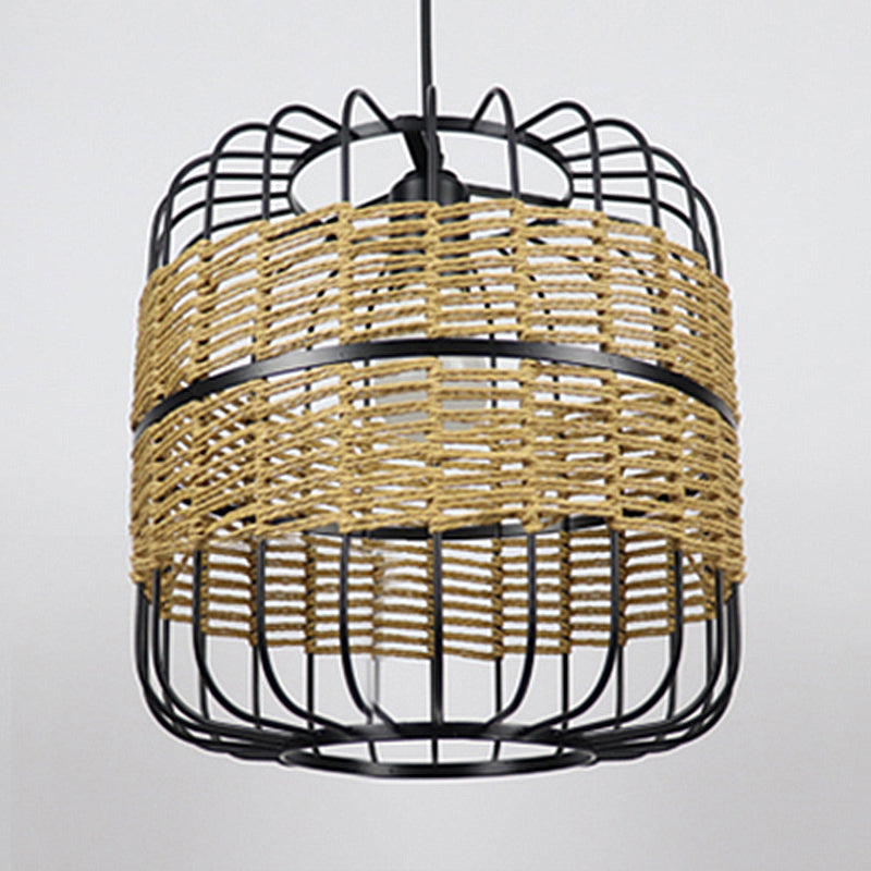 Cylinder Metal Cage Hanging Lamp Modern Straw Rope 1-Light Beige Drop Ceiling Light for Bedroom Restaurant Clearhalo 'Ceiling Lights' 'Pendant Lights' 'Pendants' Lighting' 962024