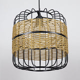 Cylinder Metal Cage Hanging Lamp Modern Straw Rope 1-Light Beige Drop Ceiling Light for Bedroom Restaurant Clearhalo 'Ceiling Lights' 'Pendant Lights' 'Pendants' Lighting' 962024