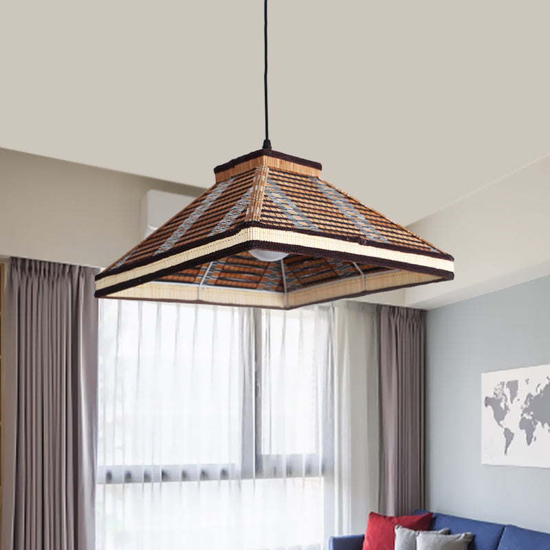 Chinese Pyramid Hanging Ceiling Light Bamboo/Rattan 1 Light Restaurant Pendant Lamp in White/Ivory/Brown Clearhalo 'Ceiling Lights' 'Pendant Lights' 'Pendants' Lighting' 962029