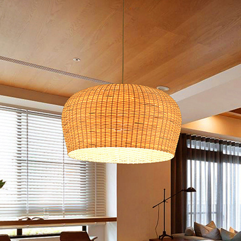 12"/19.5" Wide Dome Woven Bamboo Ceiling Pendant Lamp Asian Single Light Beige Hanging Light for Restaurant Dining Room Clearhalo 'Ceiling Lights' 'Pendant Lights' 'Pendants' Lighting' 962040