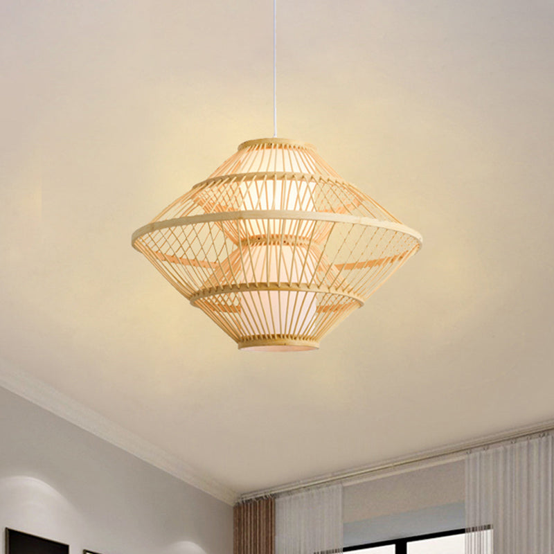 16"/19.5" W Weaving Pendant Lamp Asian Style Bamboo 1 Light Beige Hanging Light Fixture for Living Room Clearhalo 'Ceiling Lights' 'Pendant Lights' 'Pendants' Lighting' 962050