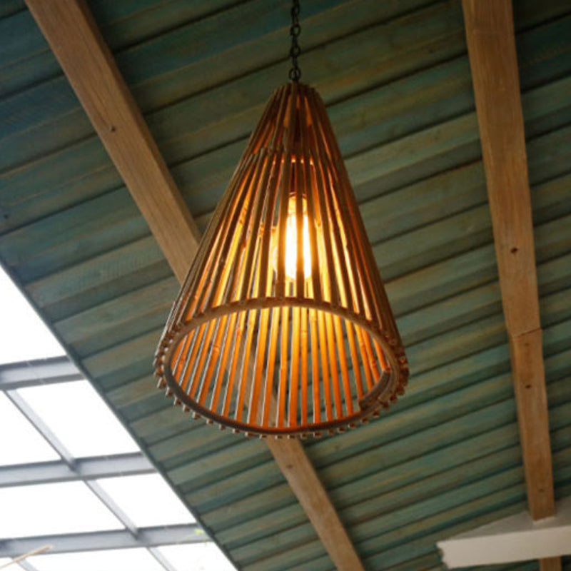 Bamboo Stick Cone Shade Pendant Light Vintage One Bulb Natural Wood Suspension Lamp with Adjustable Chain Clearhalo 'Ceiling Lights' 'Modern Pendants' 'Modern' 'Pendant Lights' 'Pendants' Lighting' 962063