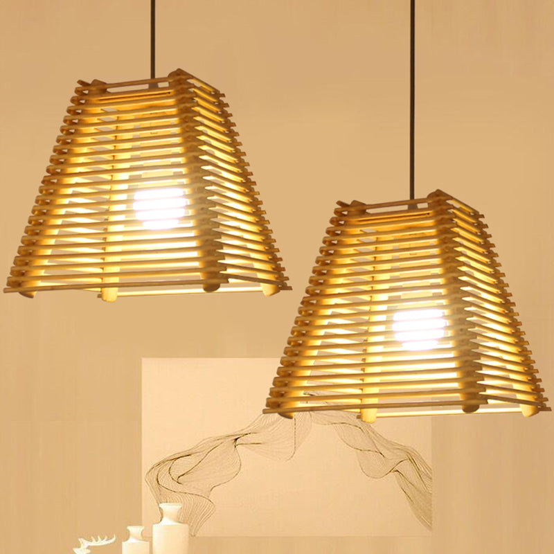 Bamboo Trapezoid Hanging Light Fixture Modern 1-Bulb Natural Wood Pendant Ceiling Light with White Glass Shade Clearhalo 'Ceiling Lights' 'Modern Pendants' 'Modern' 'Pendant Lights' 'Pendants' Lighting' 962073