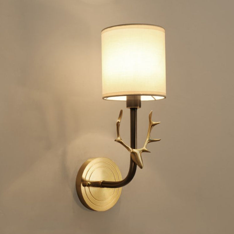 Modernism 1/2 Lights Wall Sconce with Fabric Shade Black/Gold Cylinder Wall Mount Light Fixture with Metal Antler Clearhalo 'Cast Iron' 'Glass' 'Industrial' 'Modern wall lights' 'Modern' 'Tiffany' 'Traditional wall lights' 'Wall Lamps & Sconces' 'Wall Lights' Lighting' 962095