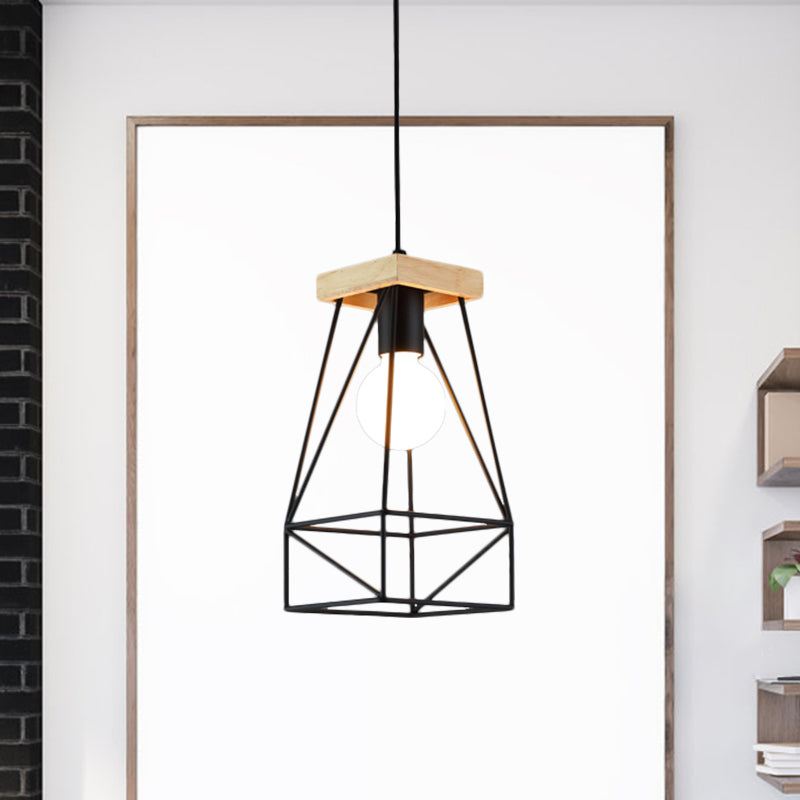 Metal Cage Shade Pendant Light Modern Nordic 1 Head Living Room Ceiling Light Fixture in Black/Blue Black Clearhalo 'Ceiling Lights' 'Modern Pendants' 'Modern' 'Pendant Lights' 'Pendants' Lighting' 962195