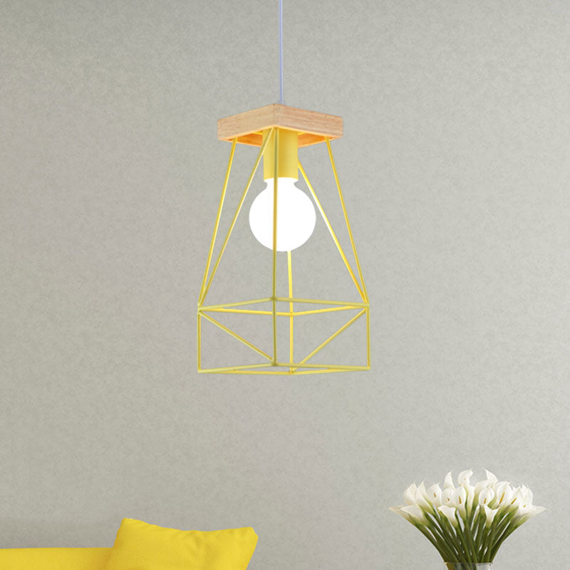 Metal Cage Shade Pendant Light Modern Nordic 1 Head Living Room Ceiling Light Fixture in Black/Blue Yellow Clearhalo 'Ceiling Lights' 'Modern Pendants' 'Modern' 'Pendant Lights' 'Pendants' Lighting' 962204