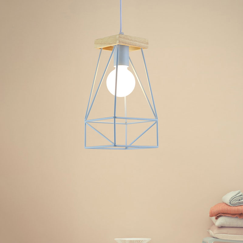 Metal Cage Shade Pendant Light Modern Nordic 1 Head Living Room Ceiling Light Fixture in Black/Blue Blue Clearhalo 'Ceiling Lights' 'Modern Pendants' 'Modern' 'Pendant Lights' 'Pendants' Lighting' 962208