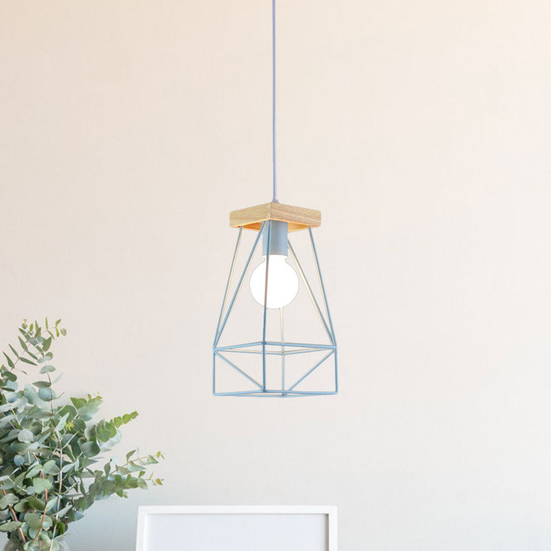 Metal Cage Shade Pendant Light Modern Nordic 1 Head Living Room Ceiling Light Fixture in Black/Blue Clearhalo 'Ceiling Lights' 'Modern Pendants' 'Modern' 'Pendant Lights' 'Pendants' Lighting' 962209