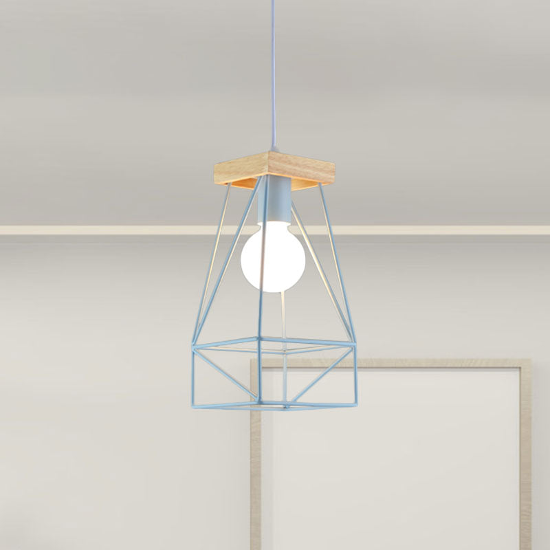 Metal Cage Shade Pendant Light Modern Nordic 1 Head Living Room Ceiling Light Fixture in Black/Blue Clearhalo 'Ceiling Lights' 'Modern Pendants' 'Modern' 'Pendant Lights' 'Pendants' Lighting' 962210