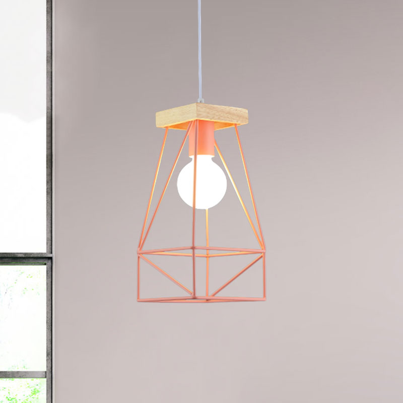 Metal Cage Shade Pendant Light Modern Nordic 1 Head Living Room Ceiling Light Fixture in Black/Blue Pink Clearhalo 'Ceiling Lights' 'Modern Pendants' 'Modern' 'Pendant Lights' 'Pendants' Lighting' 962212