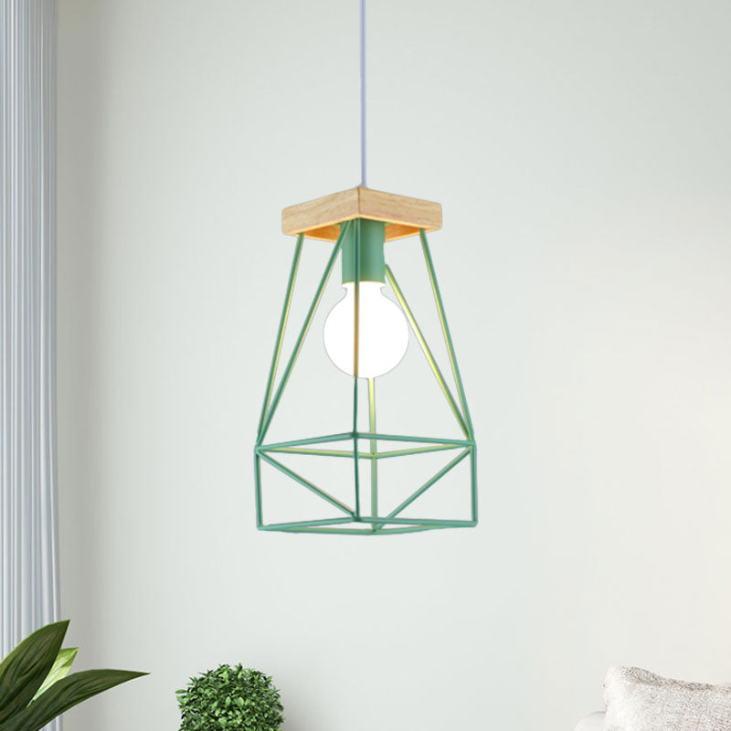 Metal Cage Shade Pendant Light Modern Nordic 1 Head Living Room Ceiling Light Fixture in Black/Blue Green Clearhalo 'Ceiling Lights' 'Modern Pendants' 'Modern' 'Pendant Lights' 'Pendants' Lighting' 962216