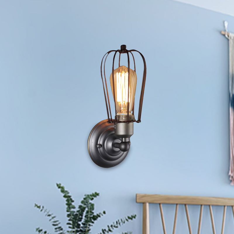 Metal Bulb Shaped Wall Mount Light with Cage Shade Industrial Vintage 1/2-Light Restaurant Wall Sconce in Black/Nickel Clearhalo 'Art deco wall lights' 'Cast Iron' 'Glass' 'Industrial wall lights' 'Industrial' 'Middle century wall lights' 'Modern' 'Rustic wall lights' 'Tiffany' 'Traditional wall lights' 'Wall Lamps & Sconces' 'Wall Lights' Lighting' 962299