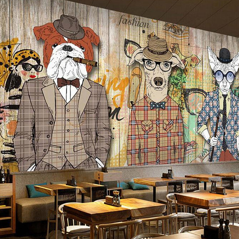 Big Cartoon Animal Wall Art for Accent Wall Faux Wood Mural in Brown, Stain-Resistant Clearhalo 'Wall Decor' 'Wall Mural' 962589