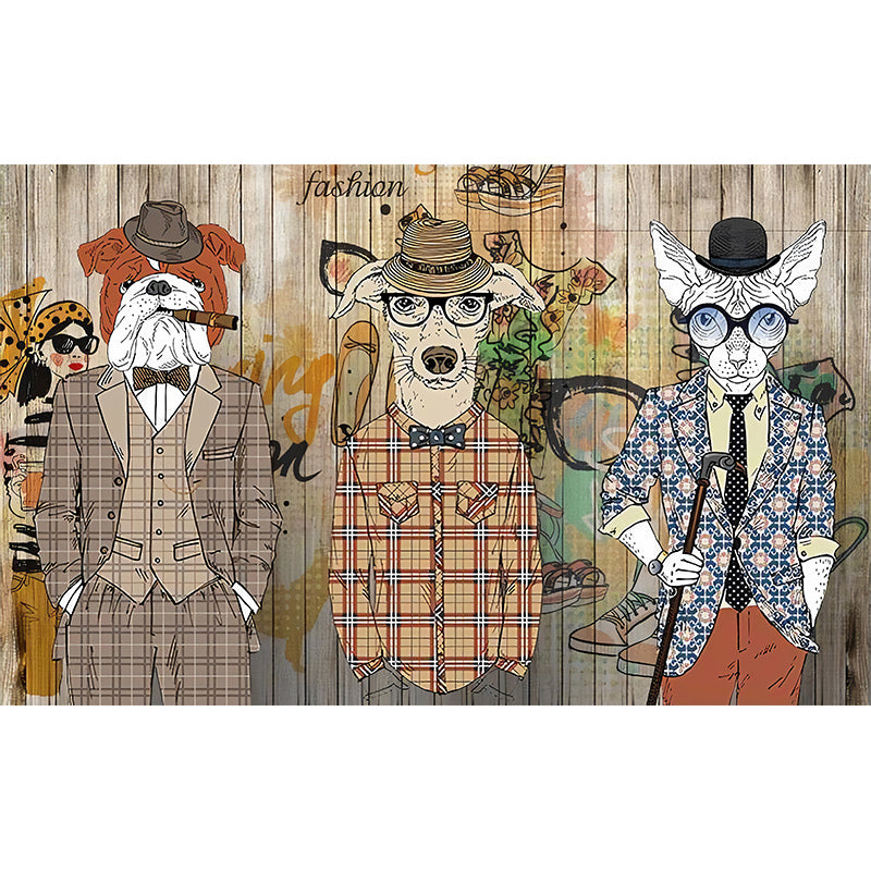 Big Cartoon Animal Wall Art for Accent Wall Faux Wood Mural in Brown, Stain-Resistant Clearhalo 'Wall Decor' 'Wall Mural' 962590