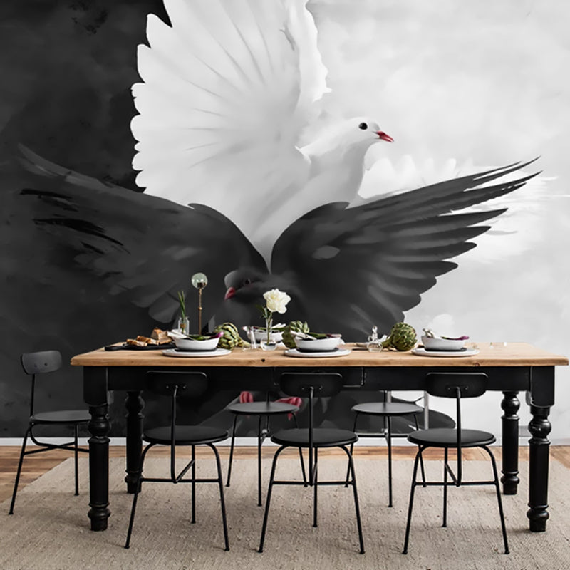 Black and White Modern Mural Wallpaper Personalized Pigeon Wall Art for Accent Wall Black-White Clearhalo 'Wall Decor' 'Wall Mural' 962683