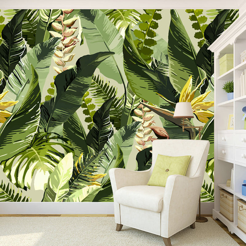 Tropical Leaves Wall Covering in Green, Fresh Mural Wallpaper for Thai Restaurant Green Clearhalo 'Wall Decor' 'Wall Mural' 962713