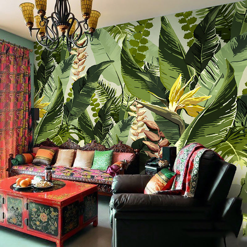 Tropical Leaves Wall Covering in Green, Fresh Mural Wallpaper for Thai Restaurant Clearhalo 'Wall Decor' 'Wall Mural' 962714