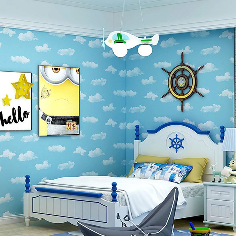 20.5" x 33' Cloud Wallpaper in Pastel Color Non-Woven Fabric Wall Covering for Kids, Non-Pasted Sky Blue Clearhalo 'Wall Decor' 'Wallpaper' 962738