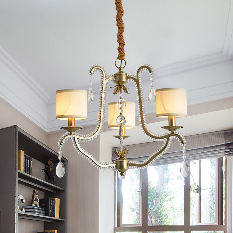 3 Lights Hanging Chandelier Post Modern Frame Crystal Bead Pendant Ceiling Lamp with Fabric Shade in Gold Clearhalo 'Ceiling Lights' 'Chandeliers' Lighting' options 963034