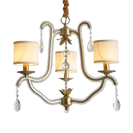 3 Lights Hanging Chandelier Post Modern Frame Crystal Bead Pendant Ceiling Lamp with Fabric Shade in Gold Clearhalo 'Ceiling Lights' 'Chandeliers' Lighting' options 963036