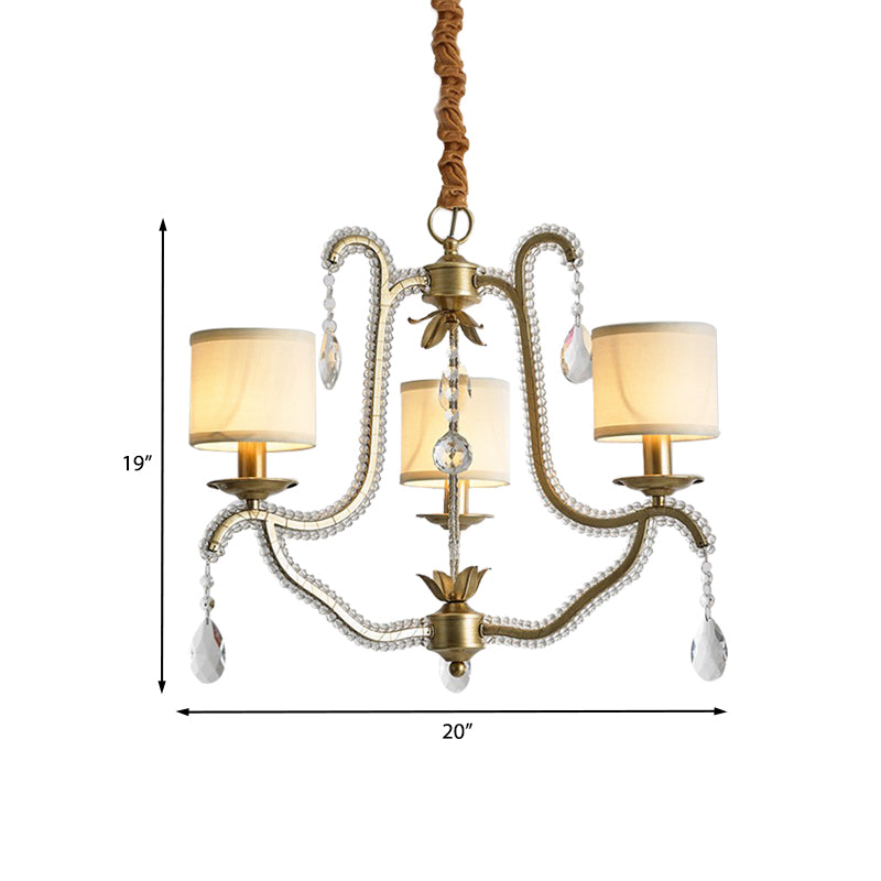 3 Lights Hanging Chandelier Post Modern Frame Crystal Bead Pendant Ceiling Lamp with Fabric Shade in Gold Clearhalo 'Ceiling Lights' 'Chandeliers' Lighting' options 963037