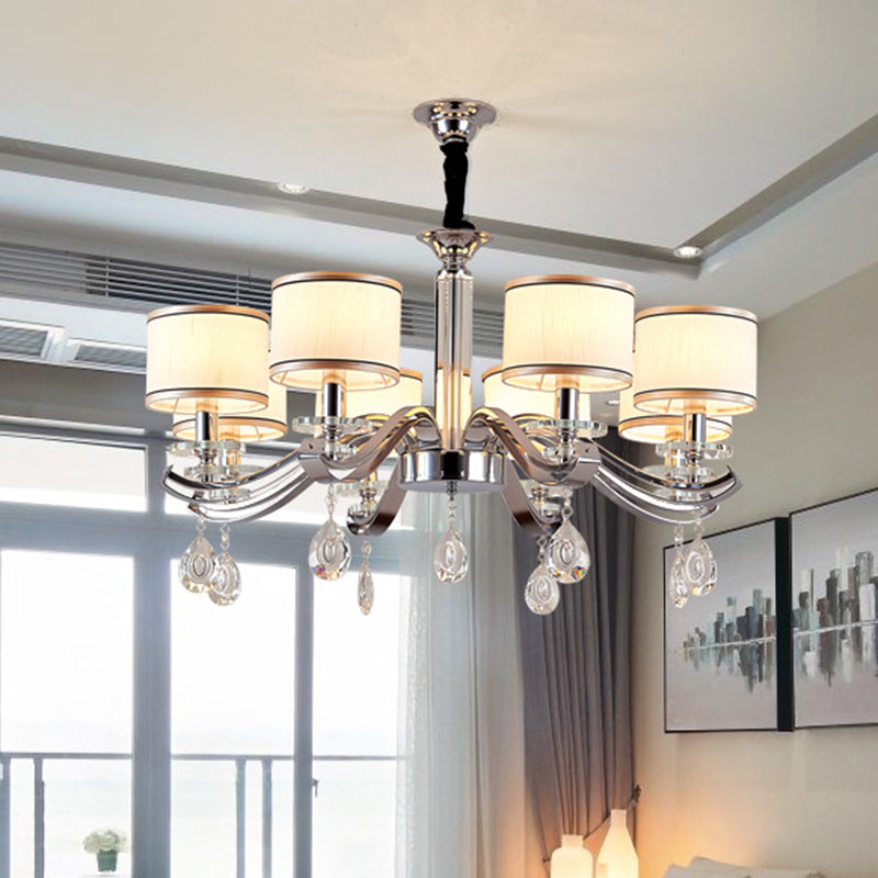 Chrome Finish 8 Bulbs Chandelier Lighting Modernism Metallic Curved Arm Pendant with Small Drum Fabric Shade Chrome Clearhalo 'Ceiling Lights' 'Chandeliers' 'Modern Chandeliers' 'Modern' Lighting' 963050